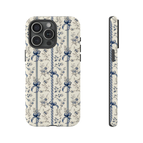 Blue Bow Phone Case - Vintage Floral Preppy Protective Phone Cover for iPhone, Samsung, Pixel