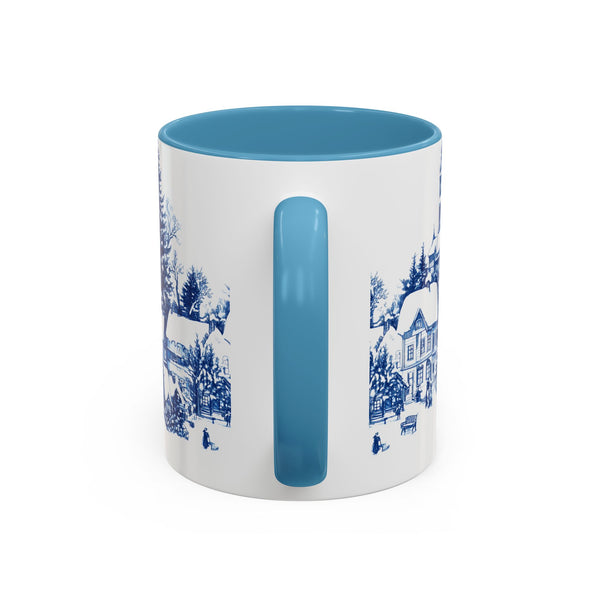 Blue Snowy Winter Village Mug - Holiday Christmas Art Cup for Coffee, Tea, Hot Cocoa