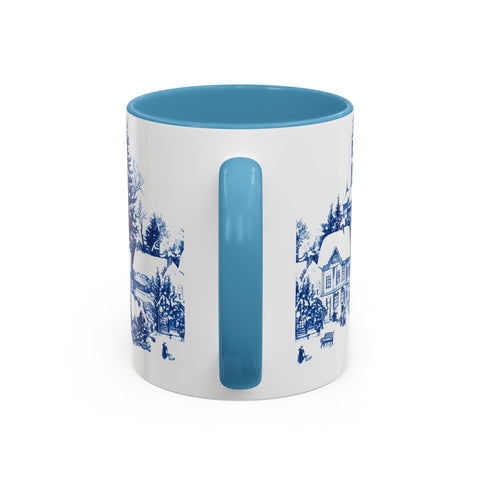 Blue Snowy Winter Village Mug - Holiday Christmas Art Cup for Coffee, Tea, Hot Cocoa