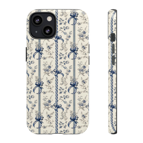 Blue Bow Phone Case - Vintage Floral Preppy Protective Phone Cover for iPhone, Samsung, Pixel