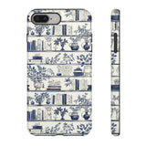 Bookshelf Phone Case - Blue and White Floral Books Protective Cover for iPhone, Samsung, Pixel