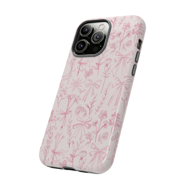 Pink Floral Bow Phone Case - Preppy Bows Protective Phone Cover for iPhone, Samsung, Pixel