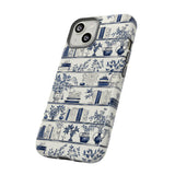 Bookshelf Phone Case - Blue and White Floral Books Protective Cover for iPhone, Samsung, Pixel