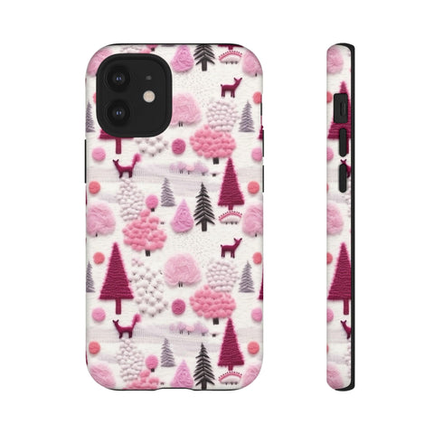 Pink Winter Woodland Aesthetic Embroidery Phone Case for iPhone, Samsung, Pixel
