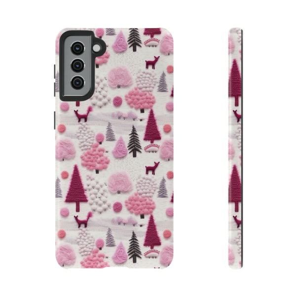 Pink Winter Woodland Aesthetic Embroidery Phone Case for iPhone, Samsung, Pixel