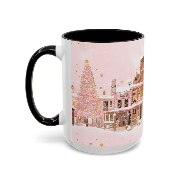 Pink Christmas Town Mug - Festive Holiday Village Art Cup for Coffee, Tea, Hot Chocolate