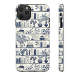 Bookshelf Phone Case - Blue and White Floral Books Protective Cover for iPhone, Samsung, Pixel