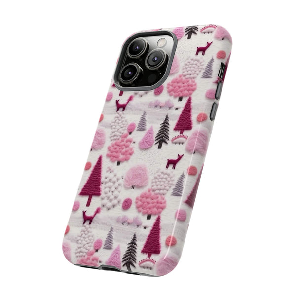 Pink Winter Woodland Aesthetic Embroidery Phone Case for iPhone, Samsung, Pixel