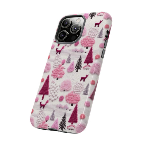 Pink Winter Woodland Aesthetic Embroidery Phone Case for iPhone, Samsung, Pixel