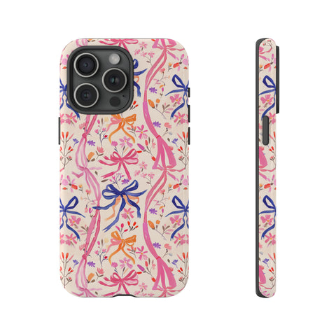 Whirly Bows Phone Case - Pink Preppy Flowers Protective Cover for iPhone, Samsung, Pixel