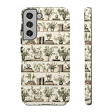 Bookshelf Phone Case - Neutral Beige Books and Plants Protective Cover for iPhone, Samsung, Pixel