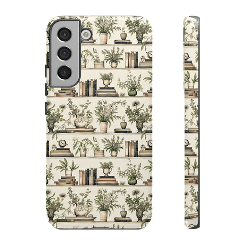 Bookshelf Phone Case - Neutral Beige Books and Plants Protective Cover for iPhone, Samsung, Pixel