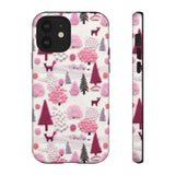 Pink Winter Woodland Aesthetic Embroidery Phone Case for iPhone, Samsung, Pixel iPhone 12 / Glossy