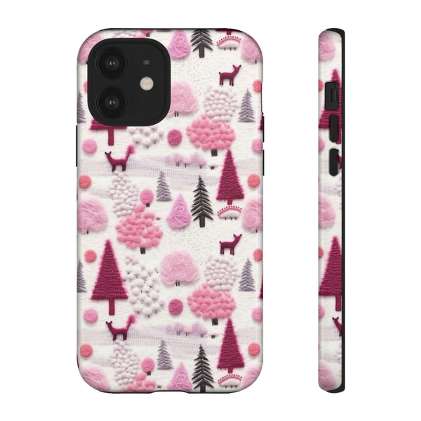 Pink Winter Woodland Aesthetic Embroidery Phone Case for iPhone, Samsung, Pixel