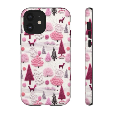 Pink Winter Woodland Aesthetic Embroidery Phone Case for iPhone, Samsung, Pixel