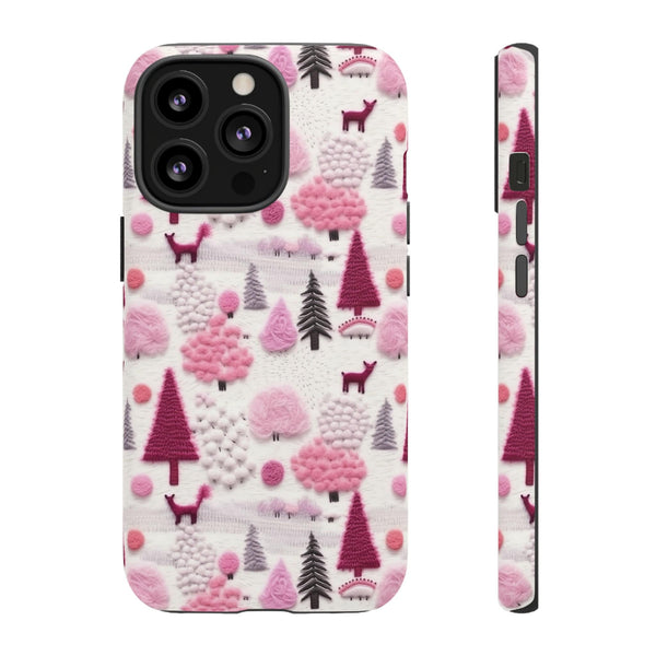 Pink Winter Woodland Aesthetic Embroidery Phone Case for iPhone, Samsung, Pixel