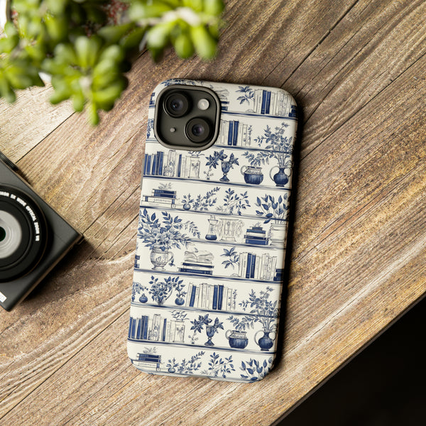 Bookshelf Phone Case - Blue and White Floral Books Protective Cover for iPhone, Samsung, Pixel