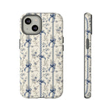 Blue Bow Phone Case - Vintage Floral Preppy Protective Phone Cover for iPhone, Samsung, Pixel