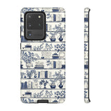 Bookshelf Phone Case - Blue and White Floral Books Protective Cover for iPhone, Samsung, Pixel