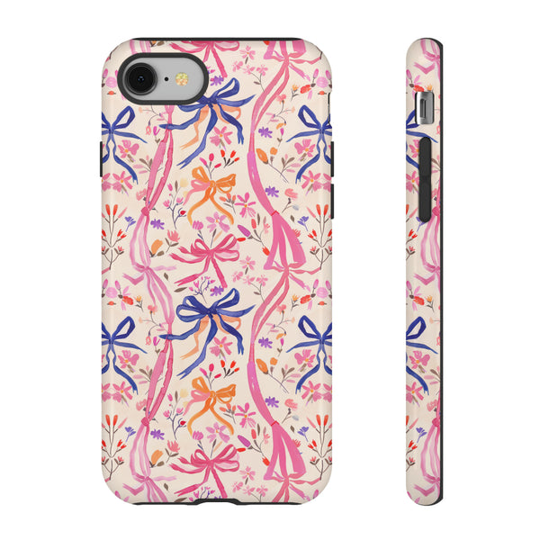 Whirly Bows Phone Case - Pink Preppy Flowers Protective Cover for iPhone, Samsung, Pixel