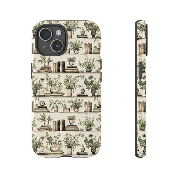 Bookshelf Phone Case - Neutral Beige Books and Plants Protective Cover for iPhone, Samsung, Pixel