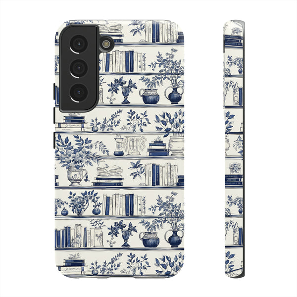 Bookshelf Phone Case - Blue and White Floral Books Protective Cover for iPhone, Samsung, Pixel