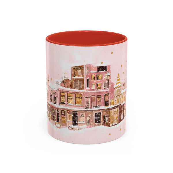 Pink Christmas Town Mug - Festive Holiday Village Art Cup for Coffee, Tea, Hot Chocolate
