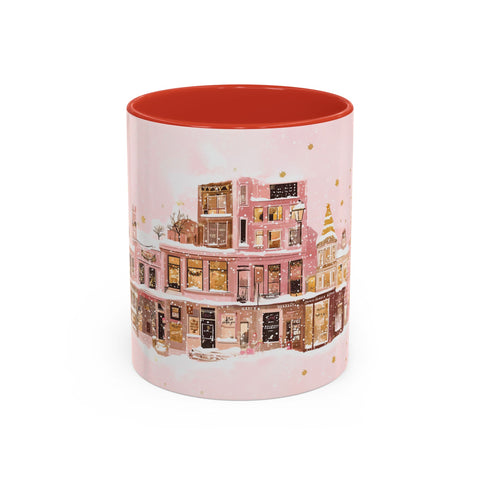 Pink Christmas Town Mug - Festive Holiday Village Art Cup for Coffee, Tea, Hot Chocolate