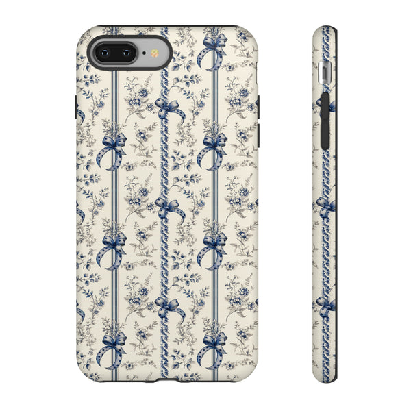 Blue Bow Phone Case - Vintage Floral Preppy Protective Phone Cover for iPhone, Samsung, Pixel