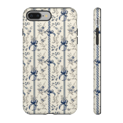 Blue Bow Phone Case - Vintage Floral Preppy Protective Phone Cover for iPhone, Samsung, Pixel