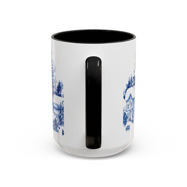 Blue Snowy Winter Village Mug - Holiday Christmas Art Cup for Coffee, Tea, Hot Cocoa
