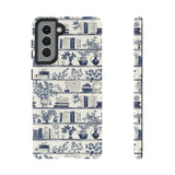 Bookshelf Phone Case - Blue and White Floral Books Protective Cover for iPhone, Samsung, Pixel