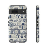 Bookshelf Phone Case - Blue and White Floral Books Protective Cover for iPhone, Samsung, Pixel