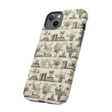 Bookshelf Phone Case - Neutral Beige Books and Plants Protective Cover for iPhone, Samsung, Pixel