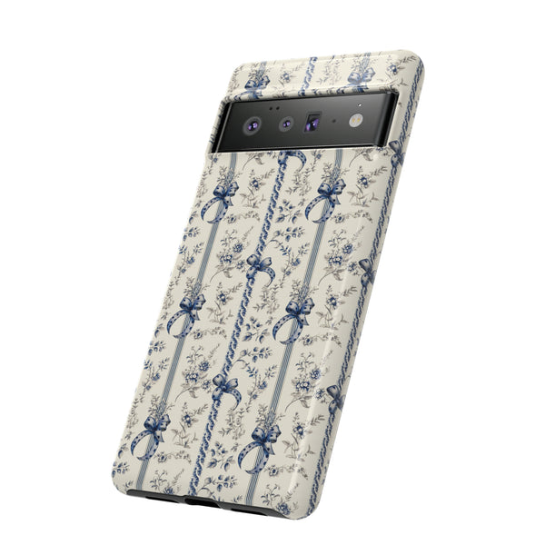 Blue Bow Phone Case - Vintage Floral Preppy Protective Phone Cover for iPhone, Samsung, Pixel