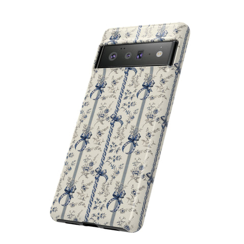Blue Bow Phone Case - Vintage Floral Preppy Protective Phone Cover for iPhone, Samsung, Pixel