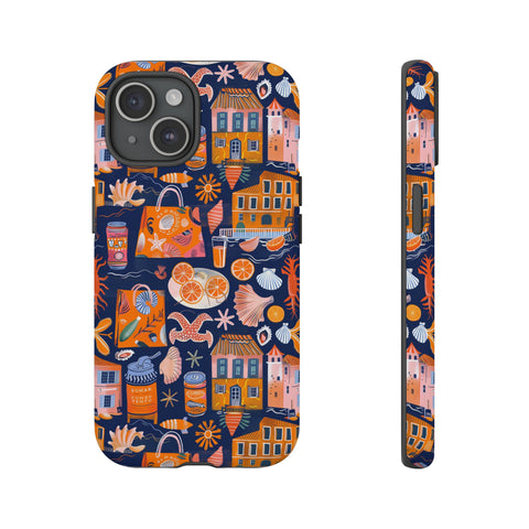 Citrus Coast Collage Phone Case - Blue Orange Trendy Coastal Art Protective Phone Cover for iPhone, Samsung, Pixel