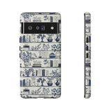 Bookshelf Phone Case - Blue and White Floral Books Protective Cover for iPhone, Samsung, Pixel