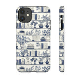 Bookshelf Phone Case - Blue and White Floral Books Protective Cover for iPhone, Samsung, Pixel