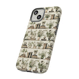 Bookshelf Phone Case - Neutral Beige Books and Plants Protective Cover for iPhone, Samsung, Pixel