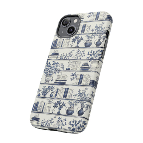 Bookshelf Phone Case - Blue and White Floral Books Protective Cover for iPhone, Samsung, Pixel
