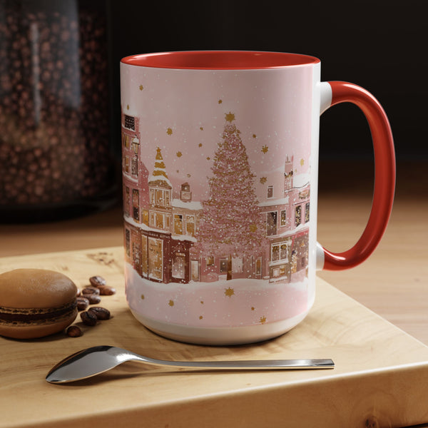 Pink Christmas Town Mug - Festive Holiday Village Art Cup for Coffee, Tea, Hot Chocolate