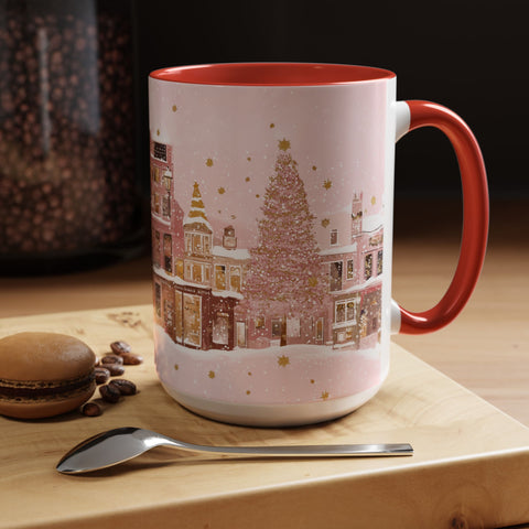 Pink Christmas Town Mug - Festive Holiday Village Art Cup for Coffee, Tea, Hot Chocolate