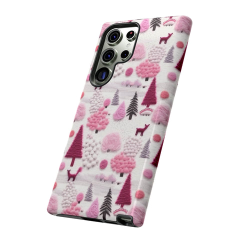 Pink Winter Woodland Aesthetic Embroidery Phone Case for iPhone, Samsung, Pixel