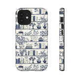 Bookshelf Phone Case - Blue and White Floral Books Protective Cover for iPhone, Samsung, Pixel