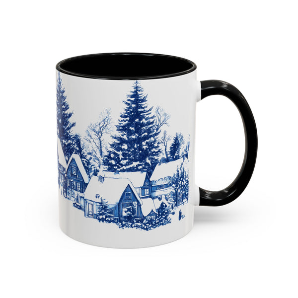 Blue Snowy Winter Village Mug - Holiday Christmas Art Cup for Coffee, Tea, Hot Cocoa