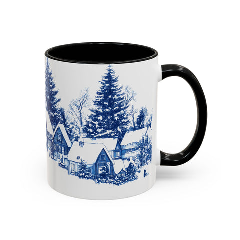 Blue Snowy Winter Village Mug - Holiday Christmas Art Cup for Coffee, Tea, Hot Cocoa