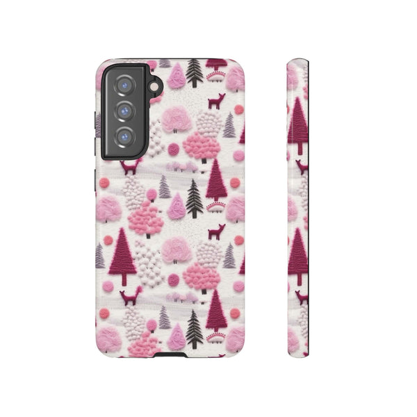 Pink Winter Woodland Aesthetic Embroidery Phone Case for iPhone, Samsung, Pixel