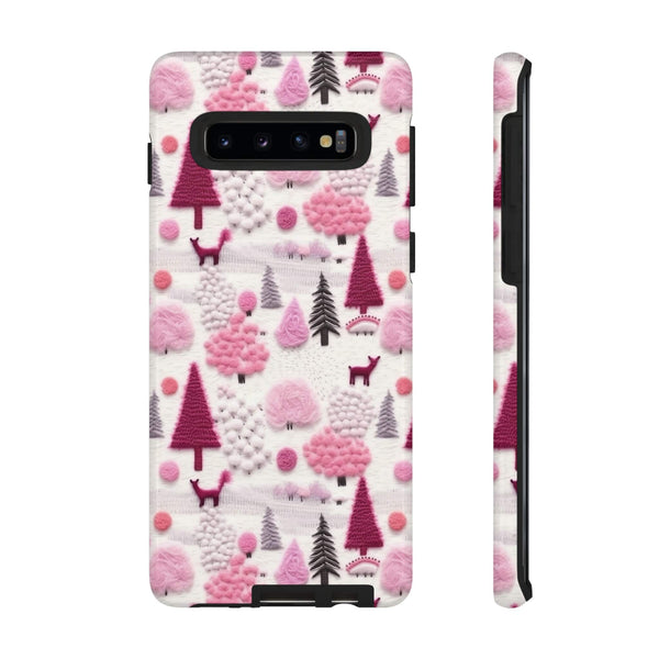 Pink Winter Woodland Aesthetic Embroidery Phone Case for iPhone, Samsung, Pixel