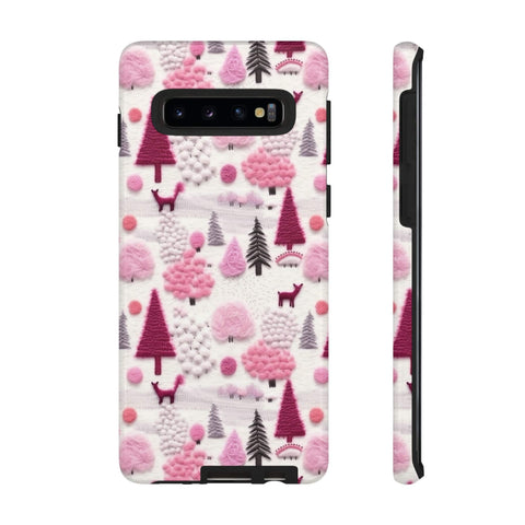Pink Winter Woodland Aesthetic Embroidery Phone Case for iPhone, Samsung, Pixel